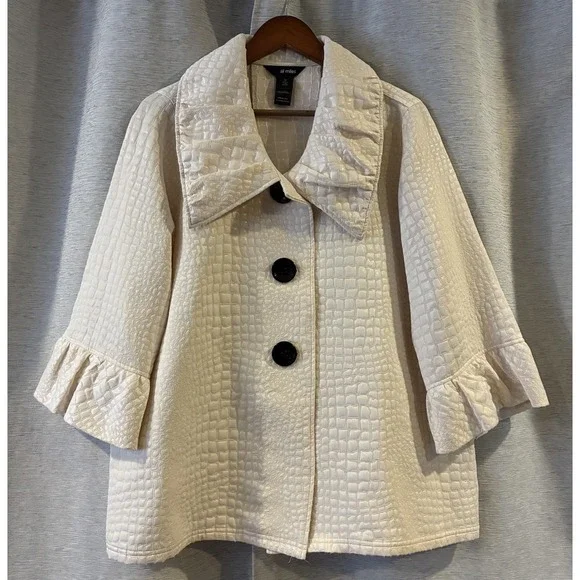 Ali Miles Peplum Swing Jacket 1X Ivory Womens Textured Knit 3/4 Sleeve - Picture 1 of 6